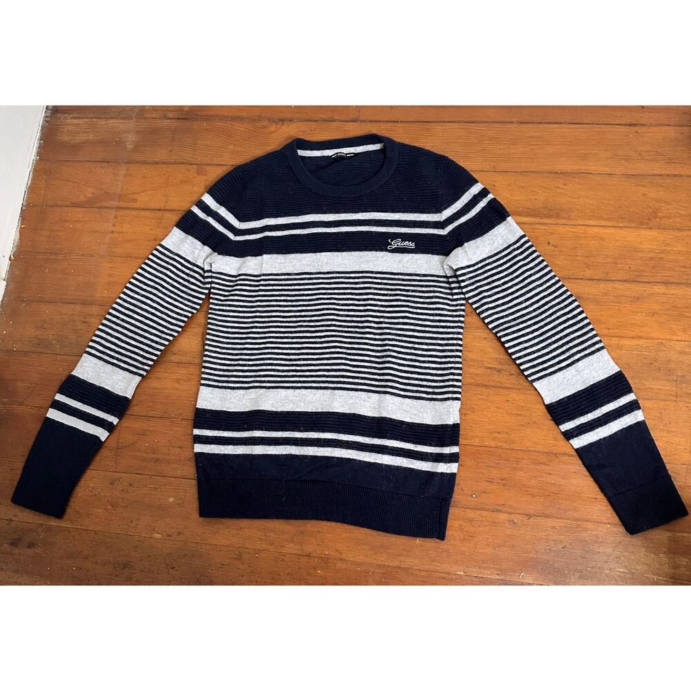 GUESS Teen Boys Sweater Size 14 Gray Navy Blue Stripe Wool Blend
